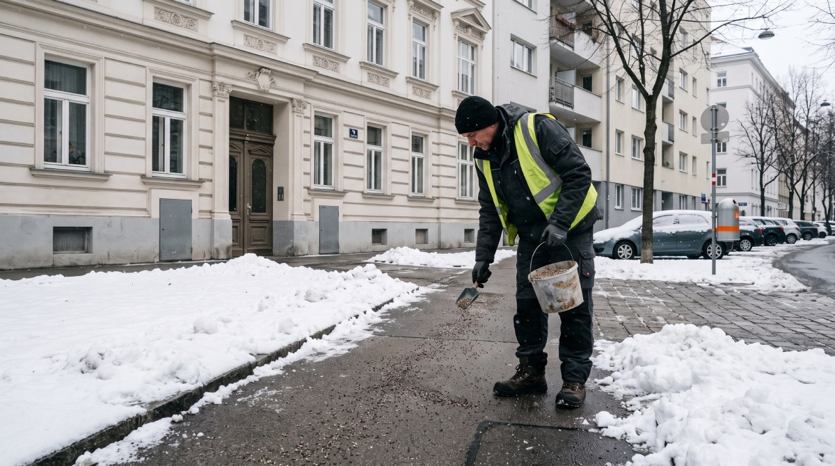 Mitarbeiter beim Winterdienst an einem Wohnobjekt in Wien