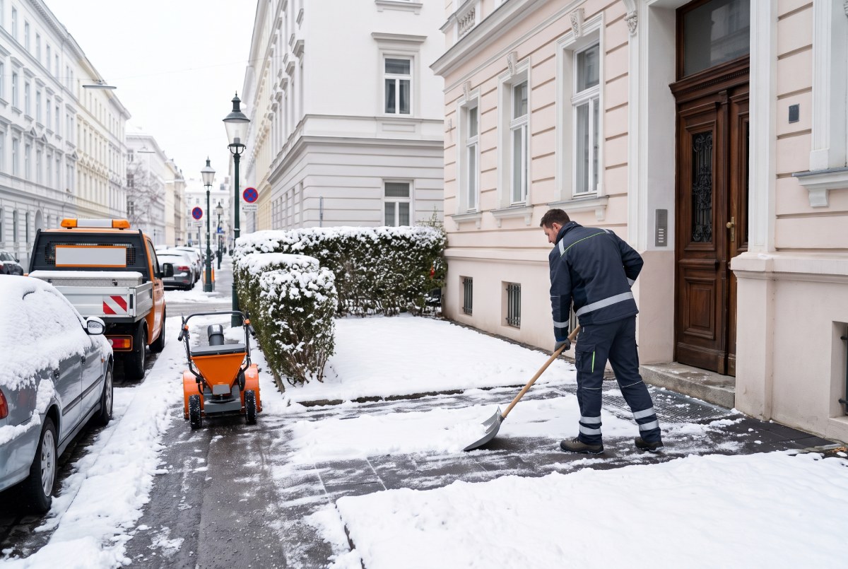 Professioneller Winterdienst bei der Schneeräumung Professioneller Winterdienst bei der Schneeräumung vor einem Wohngebäude in Wien
